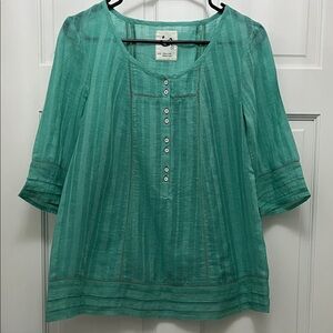 Anthropologie Teal Mermaid Cotton Linen Button-Up Blouse - Size XS